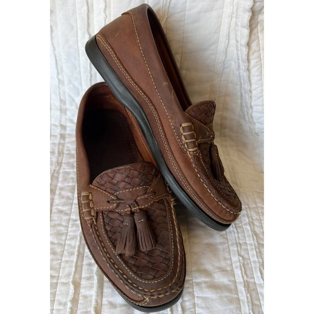 Johnston & Murphy Tassel Loafer Brown Woven Leather Moc Toe Coastal Mens 8M